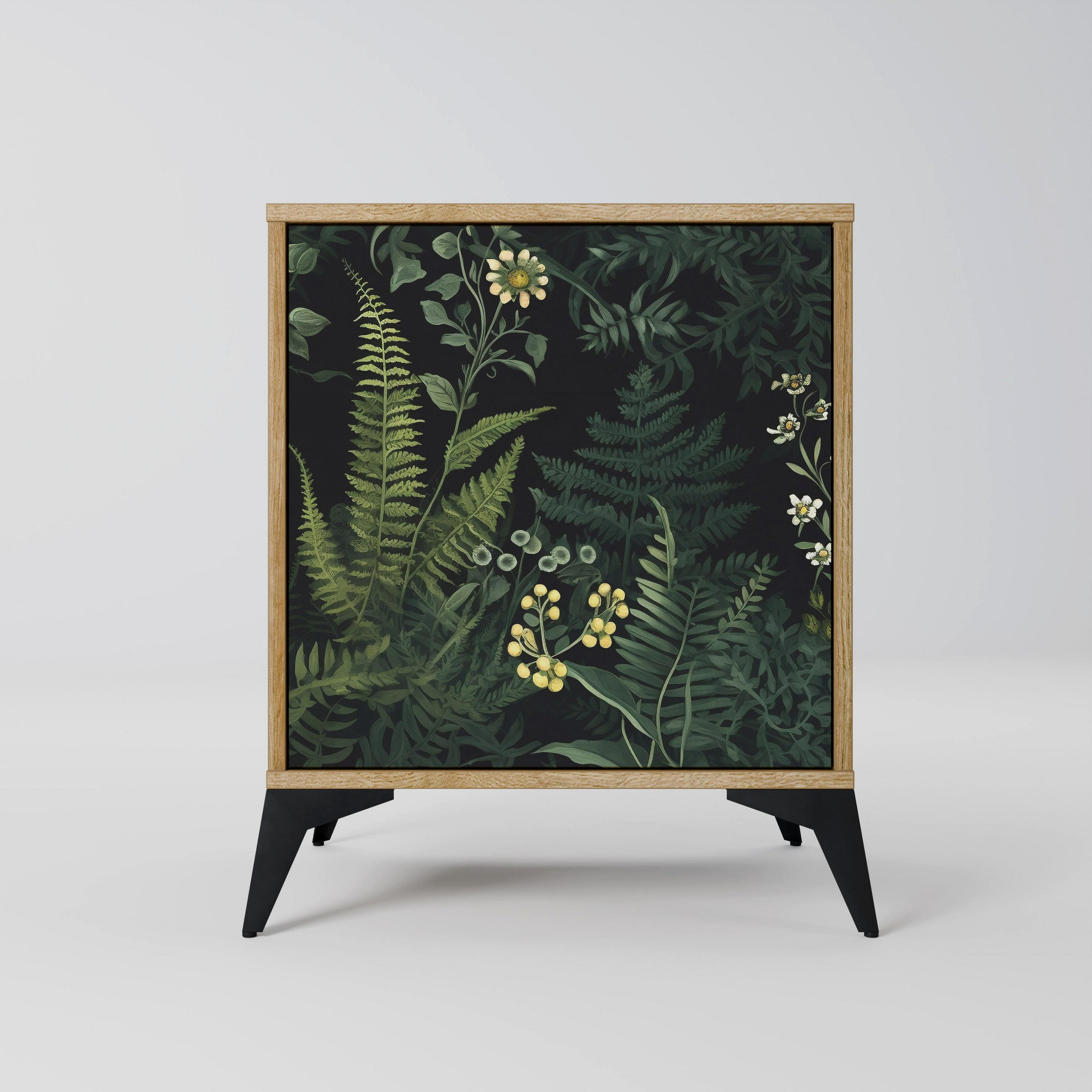 SIDEBOARD FERN FLOWERS, Eichefarben, 57,5x42x70,5 cm, Schwarze Metall-Sternfüße - Eichefarben/Multicolor, Holzwerkstoff/Metall (57.5/70.5/42cm) - SpaceRebels