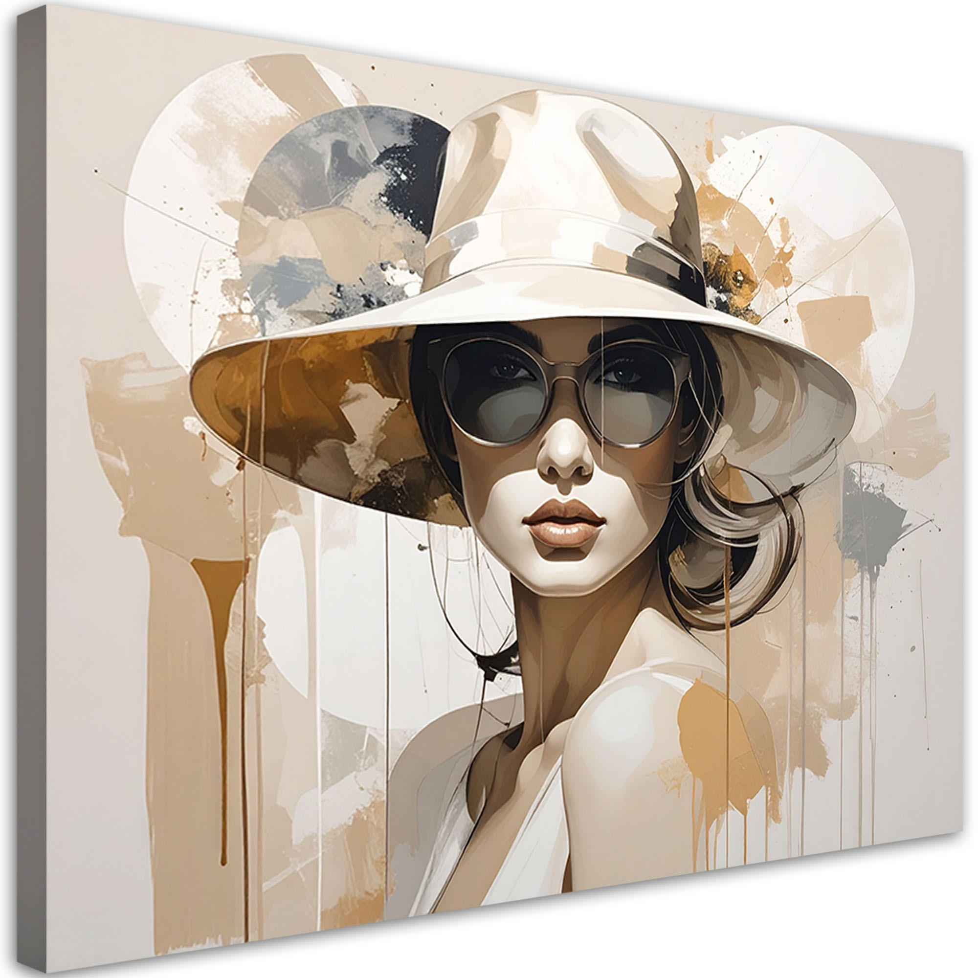BILD auf Leinwand, Frau mit Hut im beigen Boho Stil - Beige, Textil (120/80cm) - Feeby