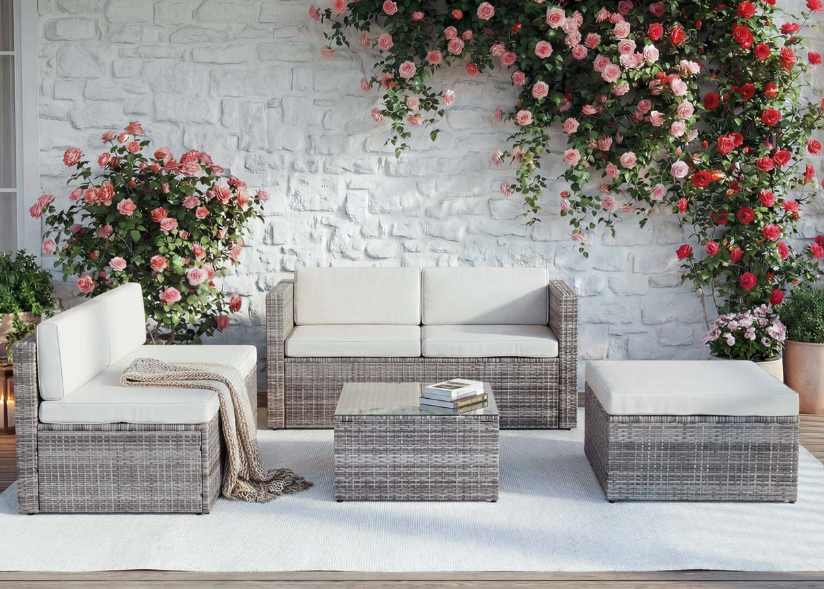 POLY-RATTAN-GARNITUR Grau, Cremeweiß - Weiß/Grau, Kunststoff - MCW