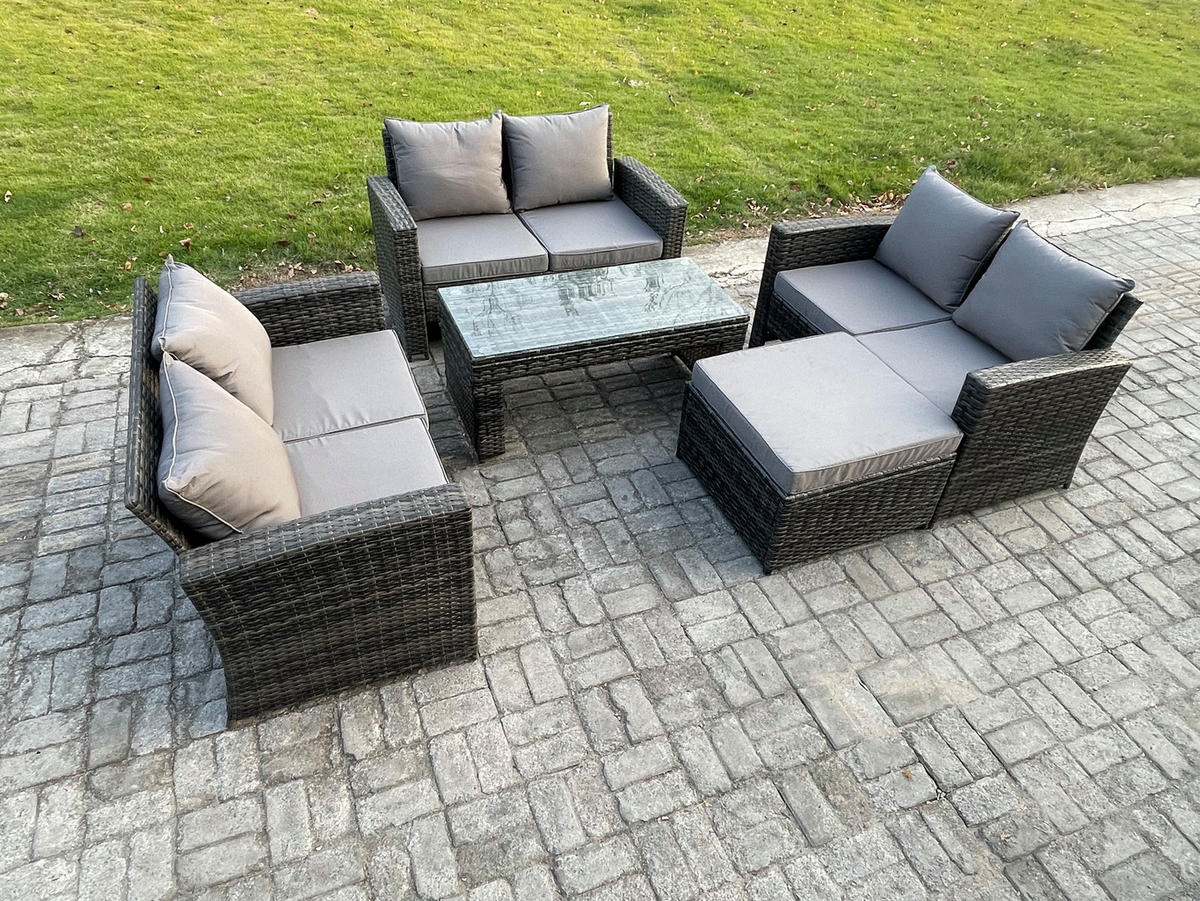 GARTENGARNITUR Polyrattan Dunkelgrau 7-Sitzer - Dunkelgrau, Metall - Fimous