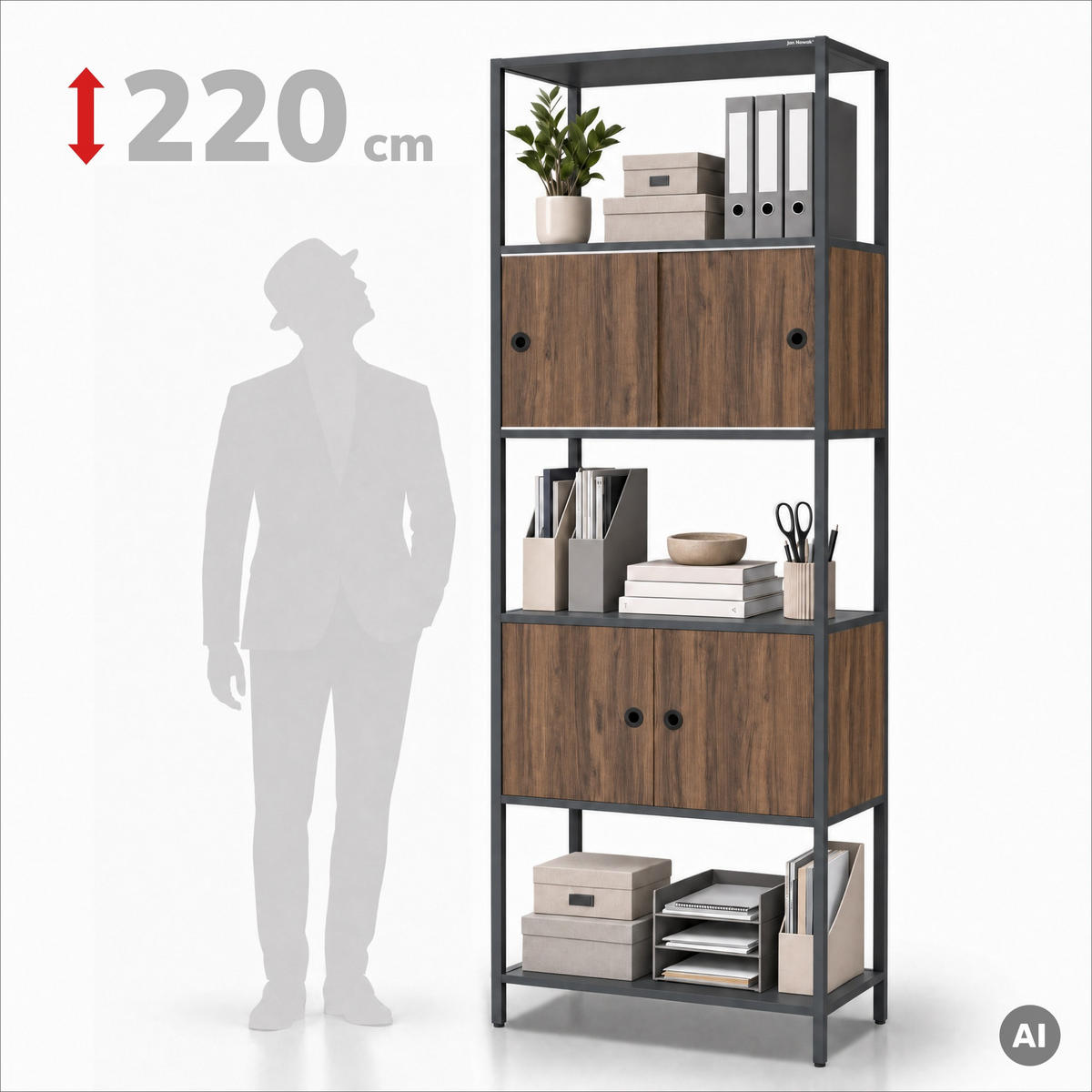 REGAL ARIEL 80 × 220 × 40 cm - Anthrazit/Nussbaumfarben, Metall (80/220/40cm) - Jan Nowak