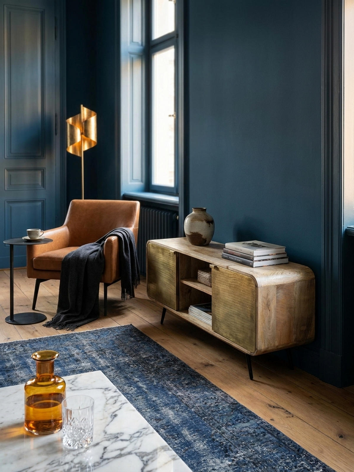 LOWBOARD Mango Massivholz Modern Stil 160x55x41 cm mit punzierten Türen - Schwarz/Braun, Holz/Metall (160/55/41cm) - KADIMA DESIGN