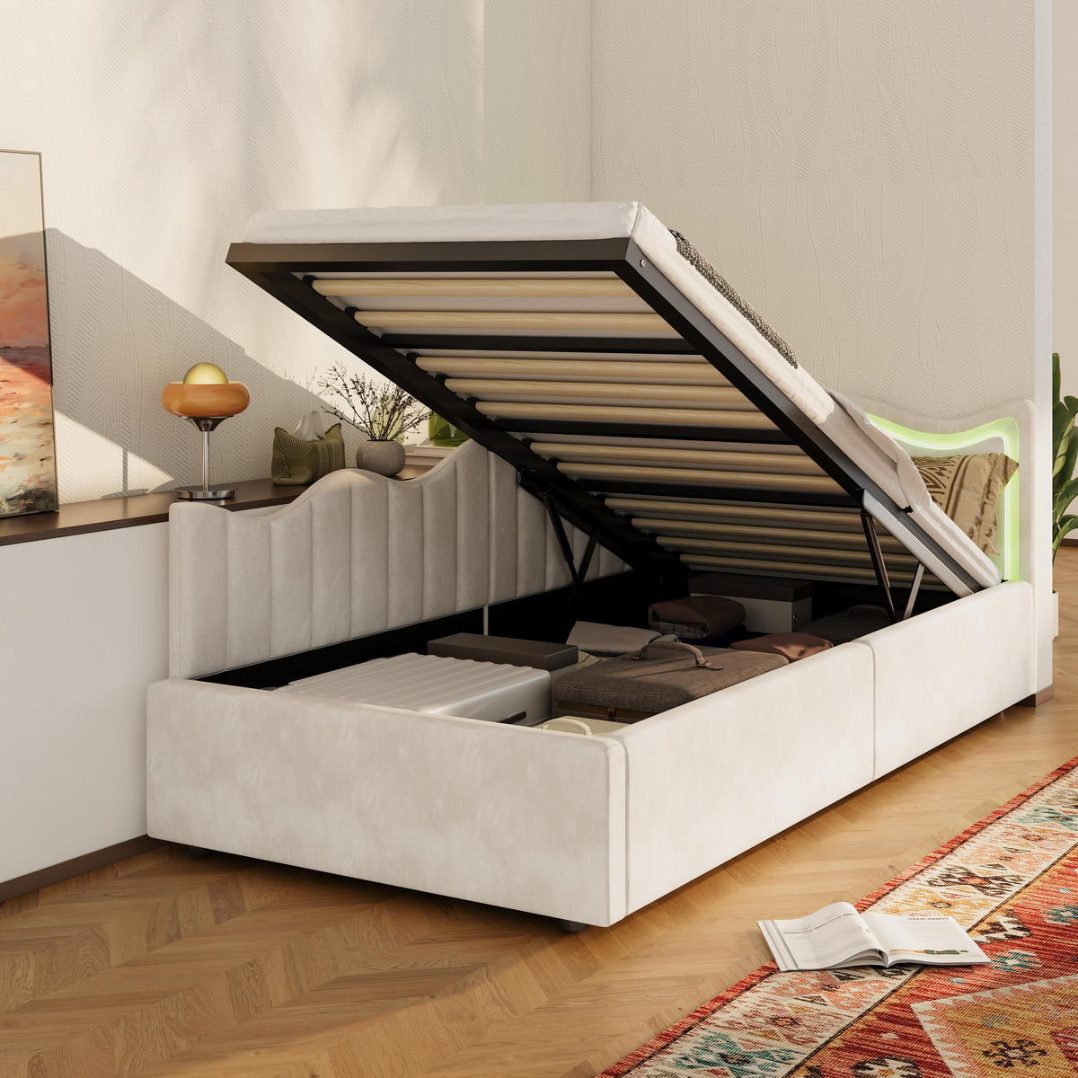 KINDERBETT/SCHLAFSOFA 90×200 cm Samt Weiß – Bett mit LED-Beleuchtung - Beige, Holz