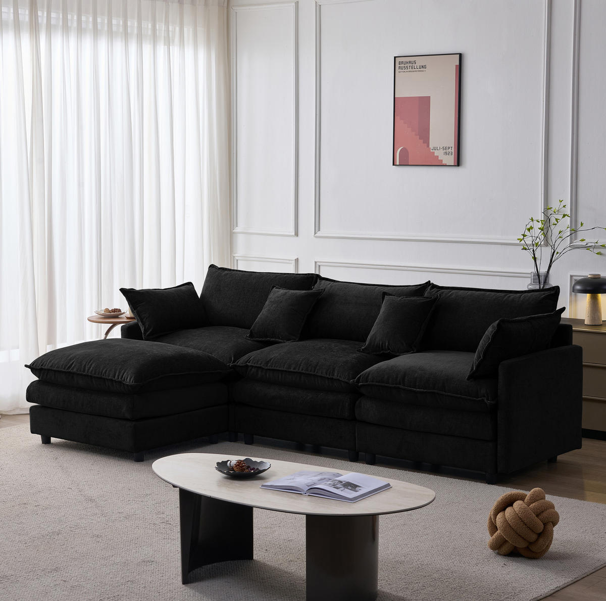 ECKSOFA L-Form 3-Sitzer mit Hocker Chenille Schwarz - Schwarz, Holz (154/267cm) - Meubliv