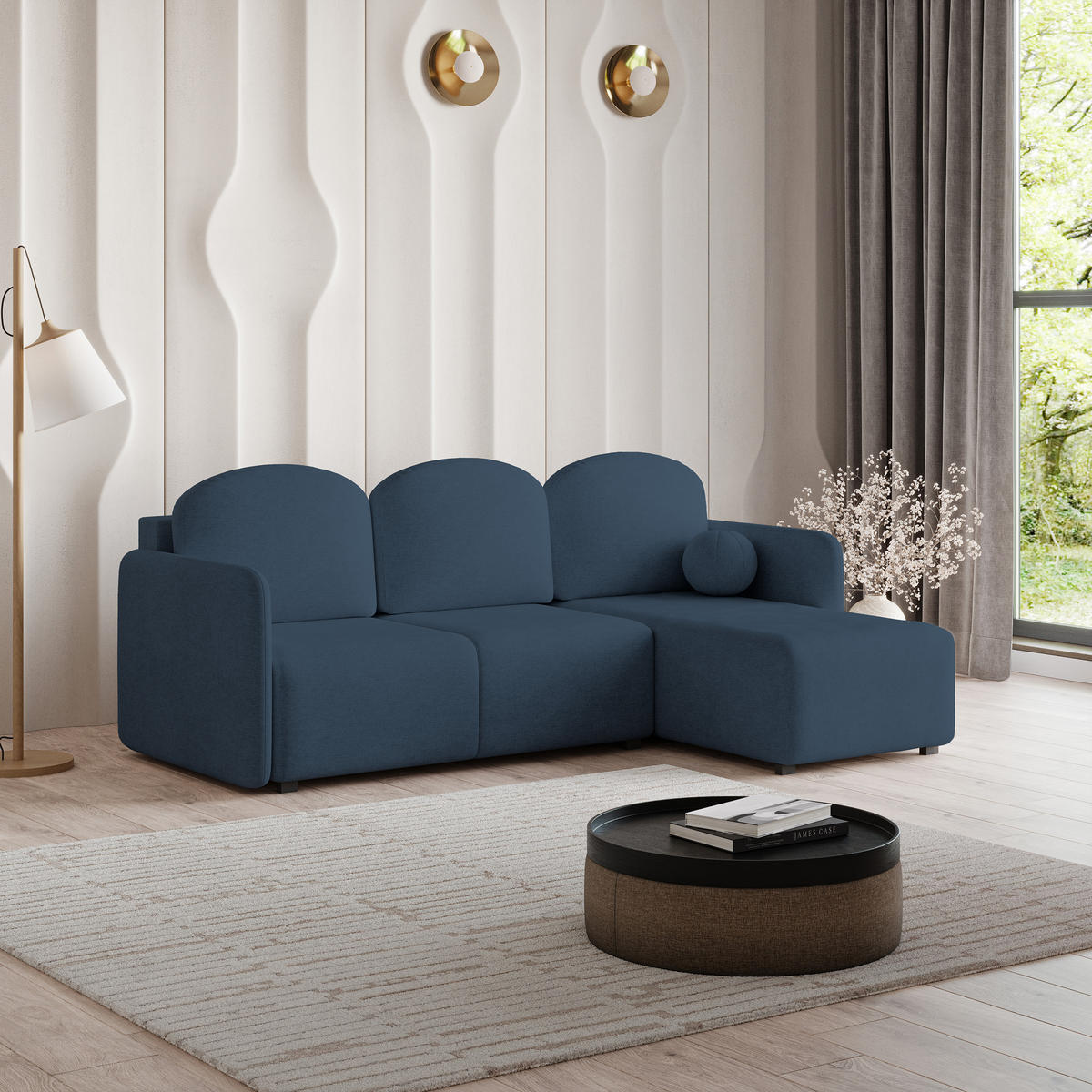 ECKSOFA SUVINO Blau Geflochtener Stoff mit Schlaffunktion - Blau, Holz (230/143cm) - MASSENO