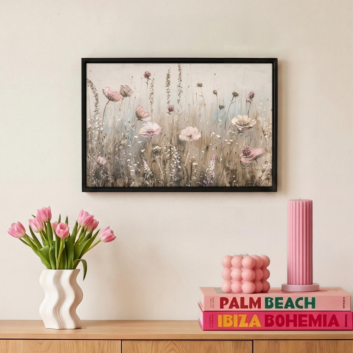 LEINWAND Bilder mit Rahmen - Blumen - Rosa - Modern - Beige - 30x20 - Beige, Textil (30/20cm) - MuchoWow
