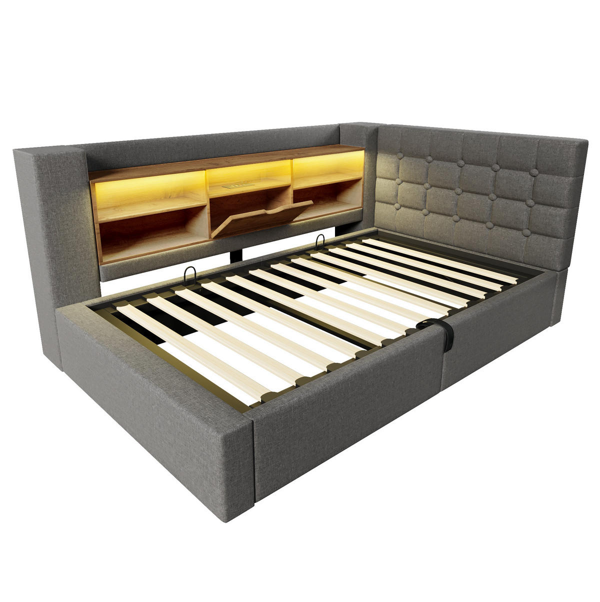 BETT mit LED und Stauraum inkl. Matratze 90x200 cm Leinen Grau - Grau, Metall (90/200cm) - Meubliv