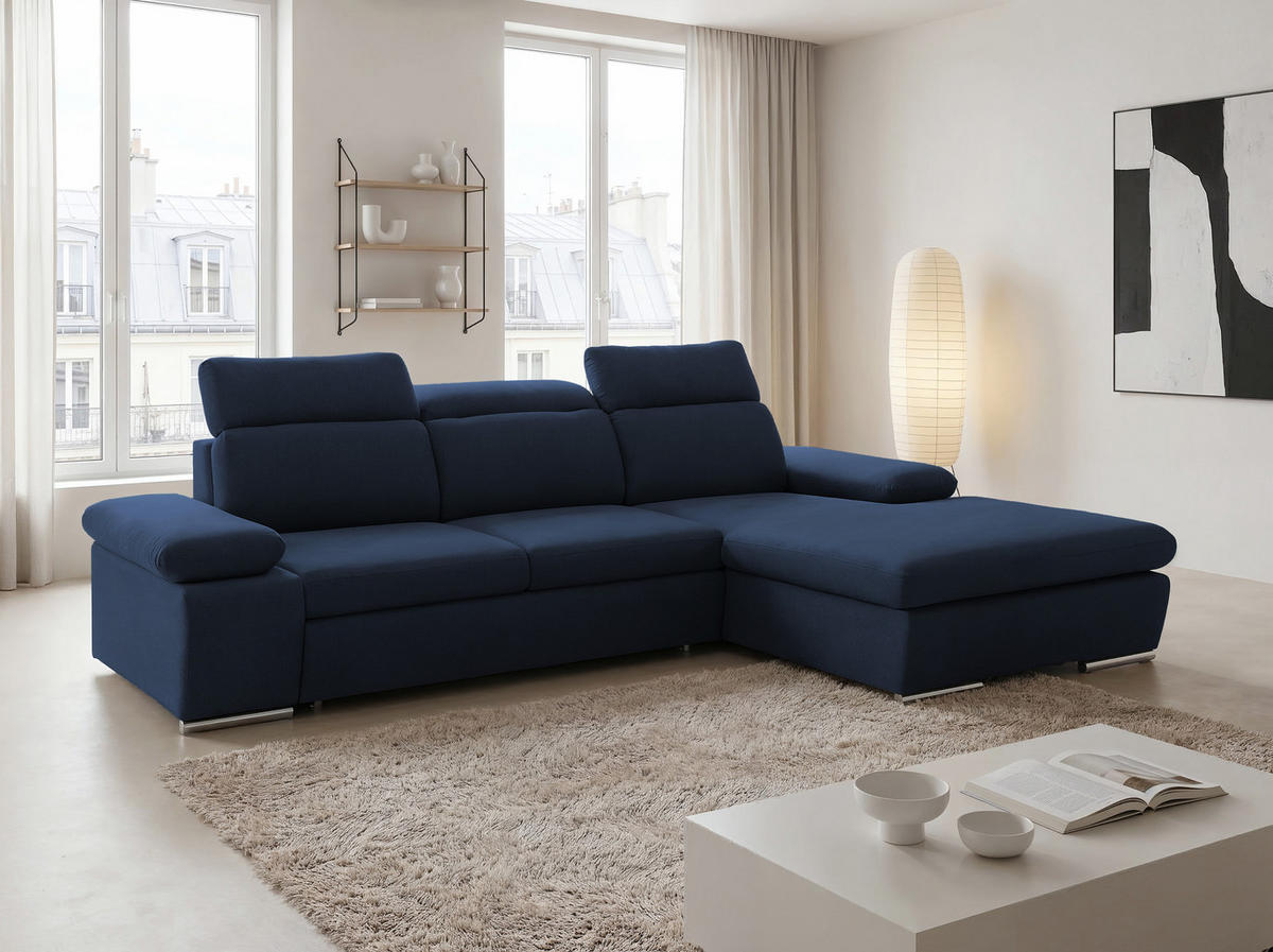 ECKSOFA PABLO mit Schlaffunktion und Bettkasten Marineblau - Dunkelblau, Holzwerkstoff/Kunststoff (250/90cm) - Idohome