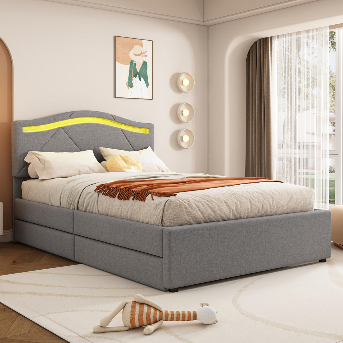 POLSTERBETT 90/200 cm mit LED-Beleuchtung, 2 Schubladen, verstellbarem Kopfteil und Lattenrost, Grau - Grau, Textil (90/200cm) - Redom
