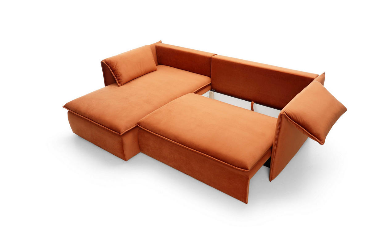 ECKSOFA PREGIO Orange Plüsch-Stoff mit Schlaffunktion - Orange, Holz (230/166cm) - MASSENO