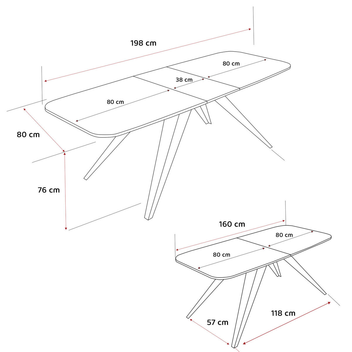 AUSZIEHTISCH FENTO 160/80/76 cm, Schwarz - Schwarz, Holzwerkstoff/Metall (80/160/76cm) - Idohome