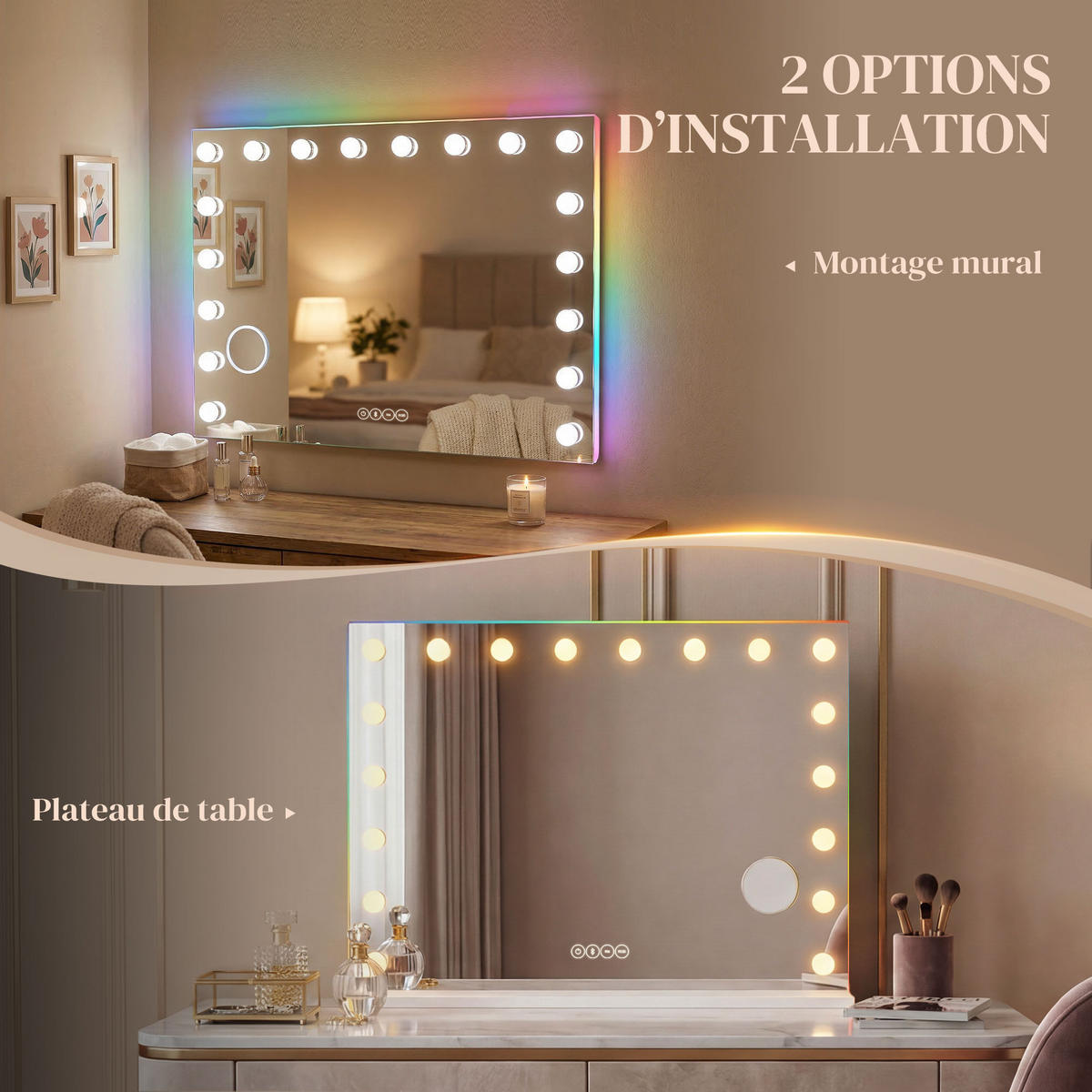 SCHMINKSPIEGEL DE-18035 18 LED, RGB Licht, Bluetooth Weiß - Weiß, Glas (14/80/60cm) - ComfortXL