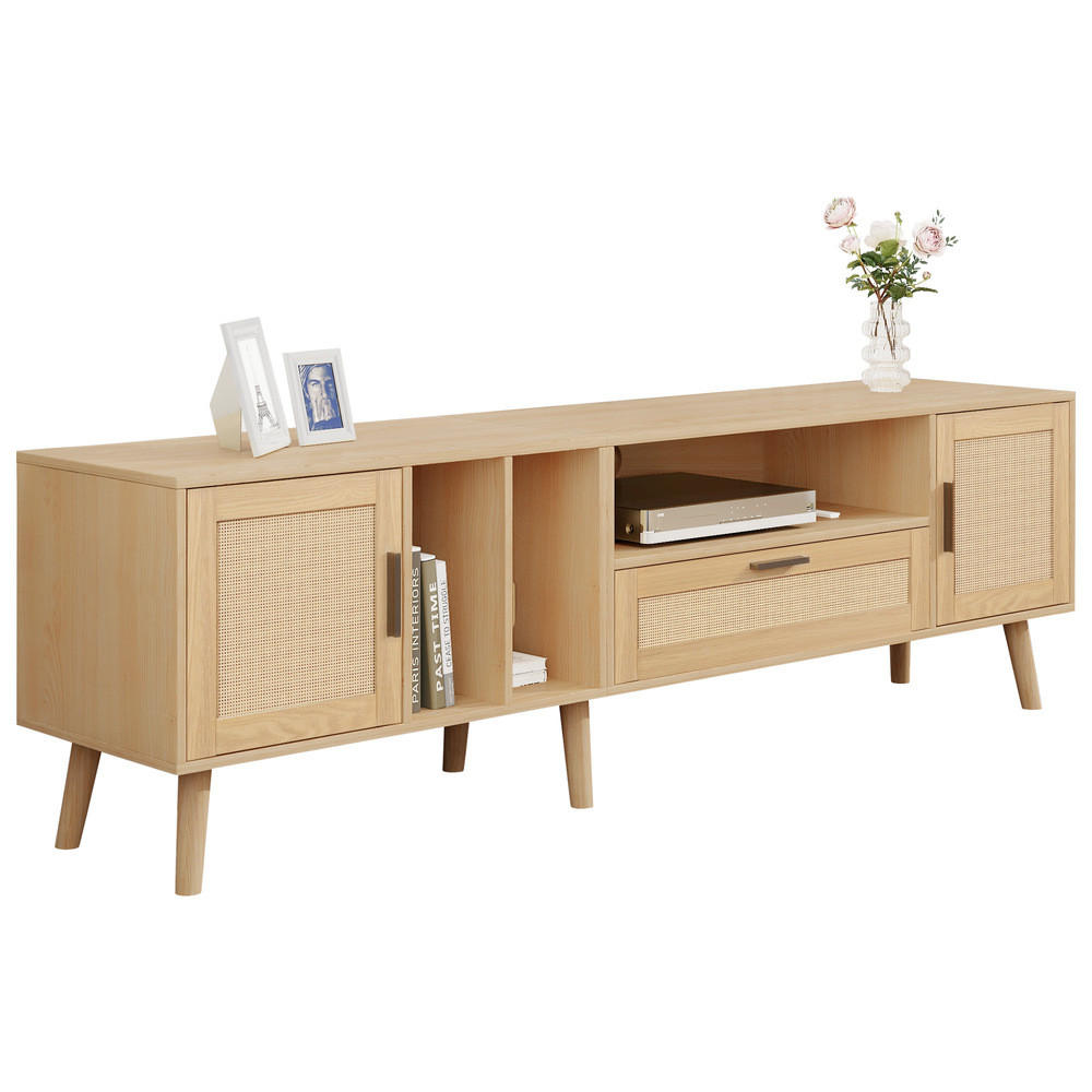 TV-SCHRANK 180cm Rattandekor 2 Türen 1 Schublade Massivholzbeine bis 80 Zoll - Braun, Holz (40/16/92cm) - FLIEKS