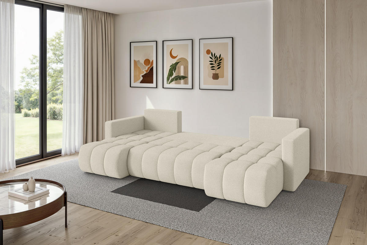 SEDACÍ SOUPRAVA DO U s funkcí spaní a úložným prostorem GARD-U 300x146x85 béžová bouclé - černá/písková barva, kompozitní dřevo/textil (300/85/146cm) - ALTDECOR