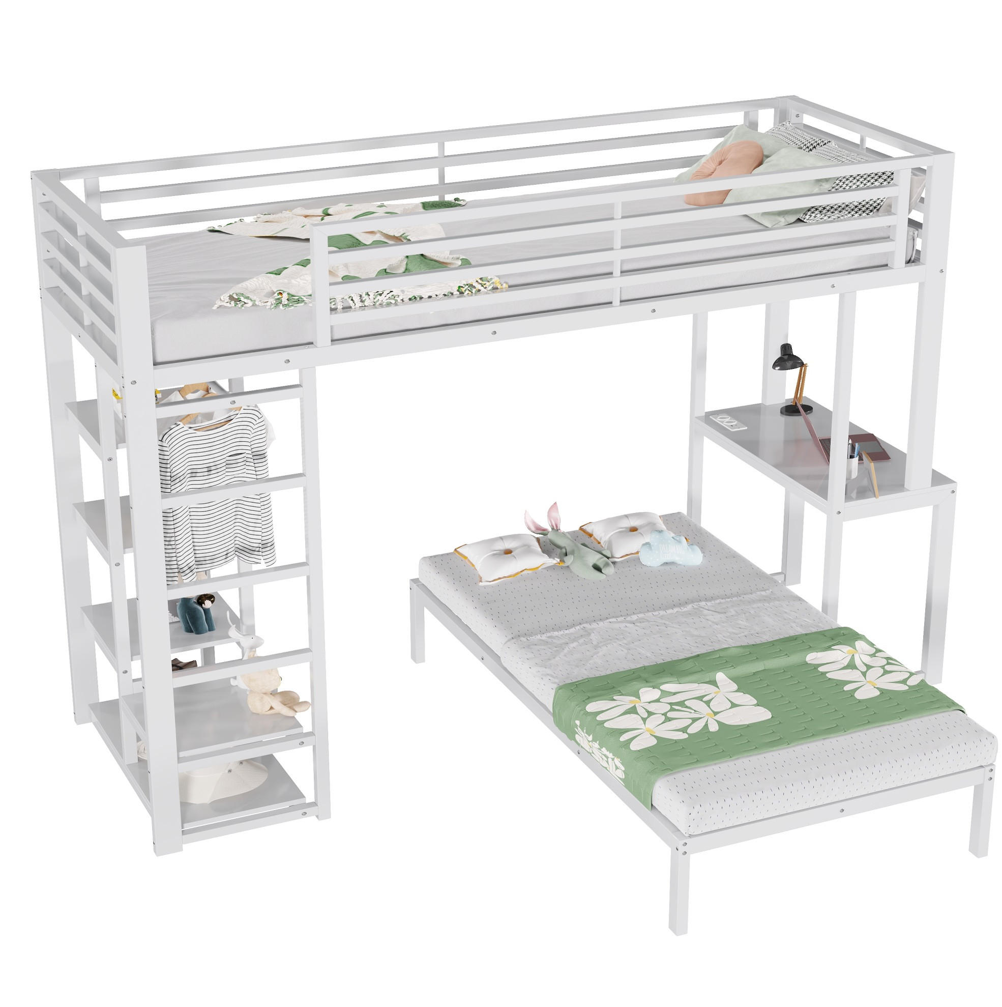 HOCHBETT Metall & MDF 90x200 cm Weiß mit Schreibtisch, Regalen und Kleideraufbewahrung - Weiß, Holzwerkstoff (90/200cm) - Modfu