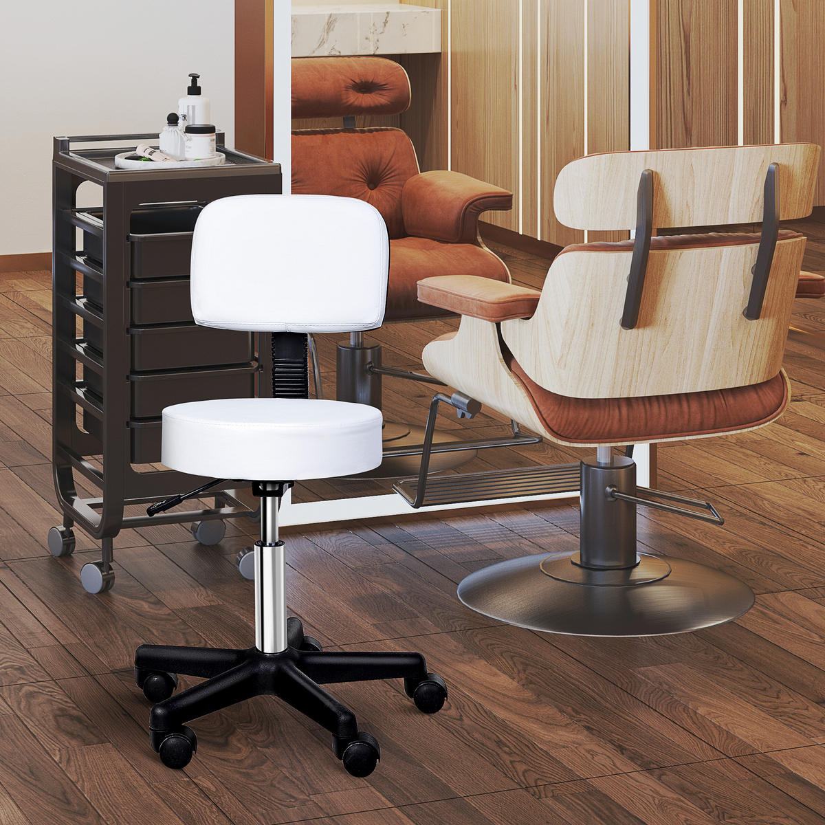 ARBEITSHOCKER höhenverstellbar Rollhocker Drehhocker mit Lehne Rollen Büro Weiß - Weiß, Kunststoff (35/84/35cm) - HOMCOM