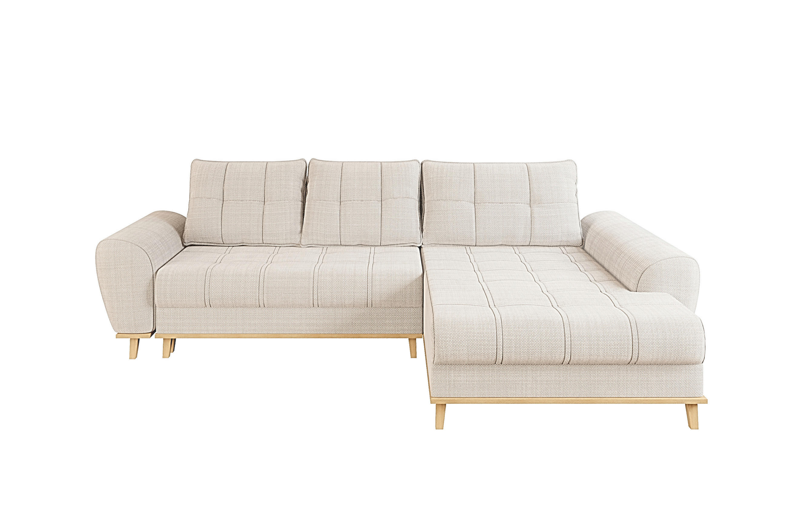 ECKSOFA im Scandi-Stil, Schlaffunktion, Bettkasten B268/T175/H86 cm, Ottomane rechts, Liegefl. 128x209 cm, Bouclé Chenille Stoff in Beige / 21013 - Eichefarben/Beige, Holz/Textil (268/175cm) - luma-home