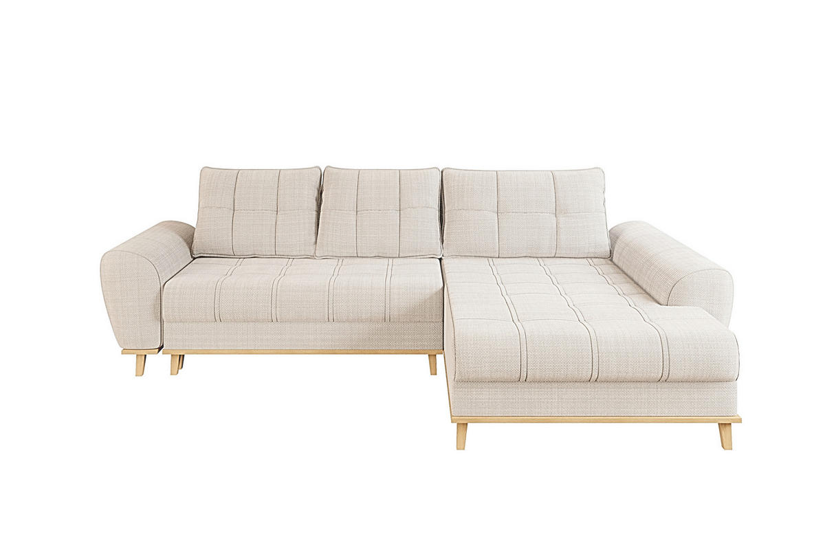 ECKSOFA im Scandi-Stil, Schlaffunktion, Bettkasten B268/T175/H86 cm, Ottomane rechts, Liegefl. 128x209 cm, Bouclé Chenille Stoff in Beige / 21013 - Eichefarben/Beige, Holz/Textil (268/175cm) - luma-home