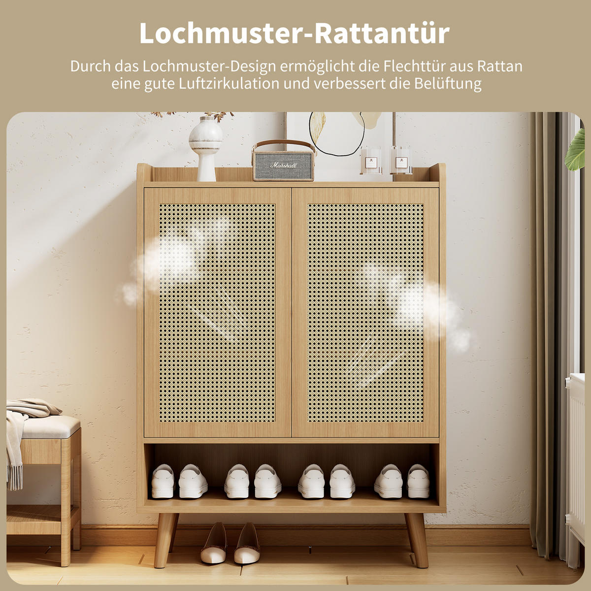 SCHUHSCHRANK aus natürlichem Rattan, Für Flur und Eingangsbereich, Eiche hell - Sonoma Eiche, Holzwerkstoff (80/105/35cm) - Urban Meuble