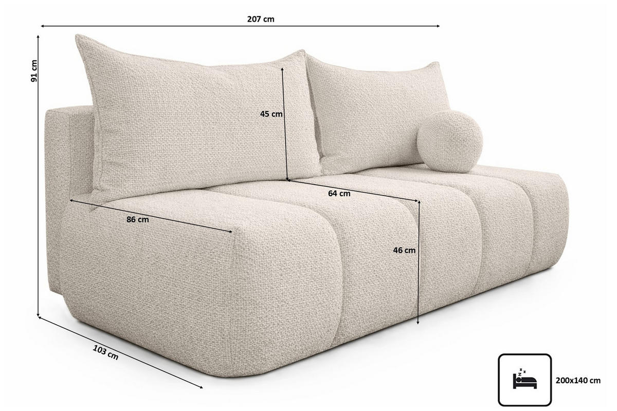 SOFA Mit Schlaffunktion Und Bettkasten, Chenille-Stoff Flow, Dunkelbeige, PIANO - Beige, Holz (207/91/103cm) - Kaiser Möbel