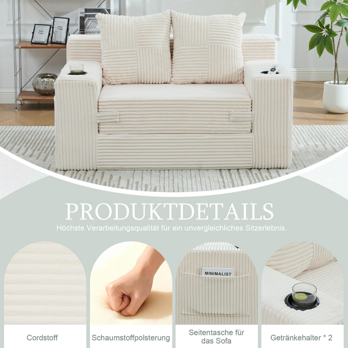 1,5-SITZER ausklappbar, Getränkehalter/Seitentasche, Cord, Beige - Beige, Textil (133/64/87cm) - LVHOM