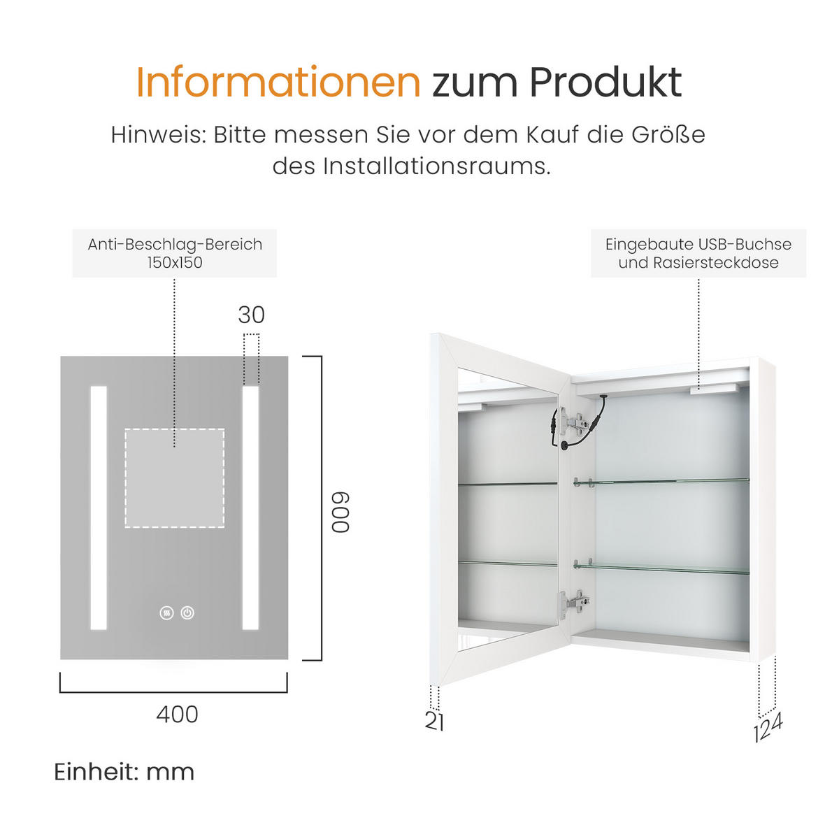 SPIEGELSCHRANK mit Beleuchtung Weiß 60/40/14,5 - Weiß, Metall (40/60/60cm) - EMKE