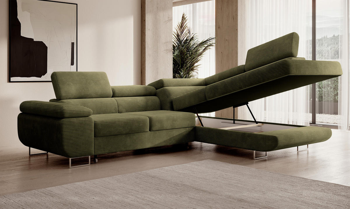 ECKSOFA Stevil Olivgrün Cordbezug - Silberfarben/Olivgrün, Textil/Metall (275/203cm) - Selsey