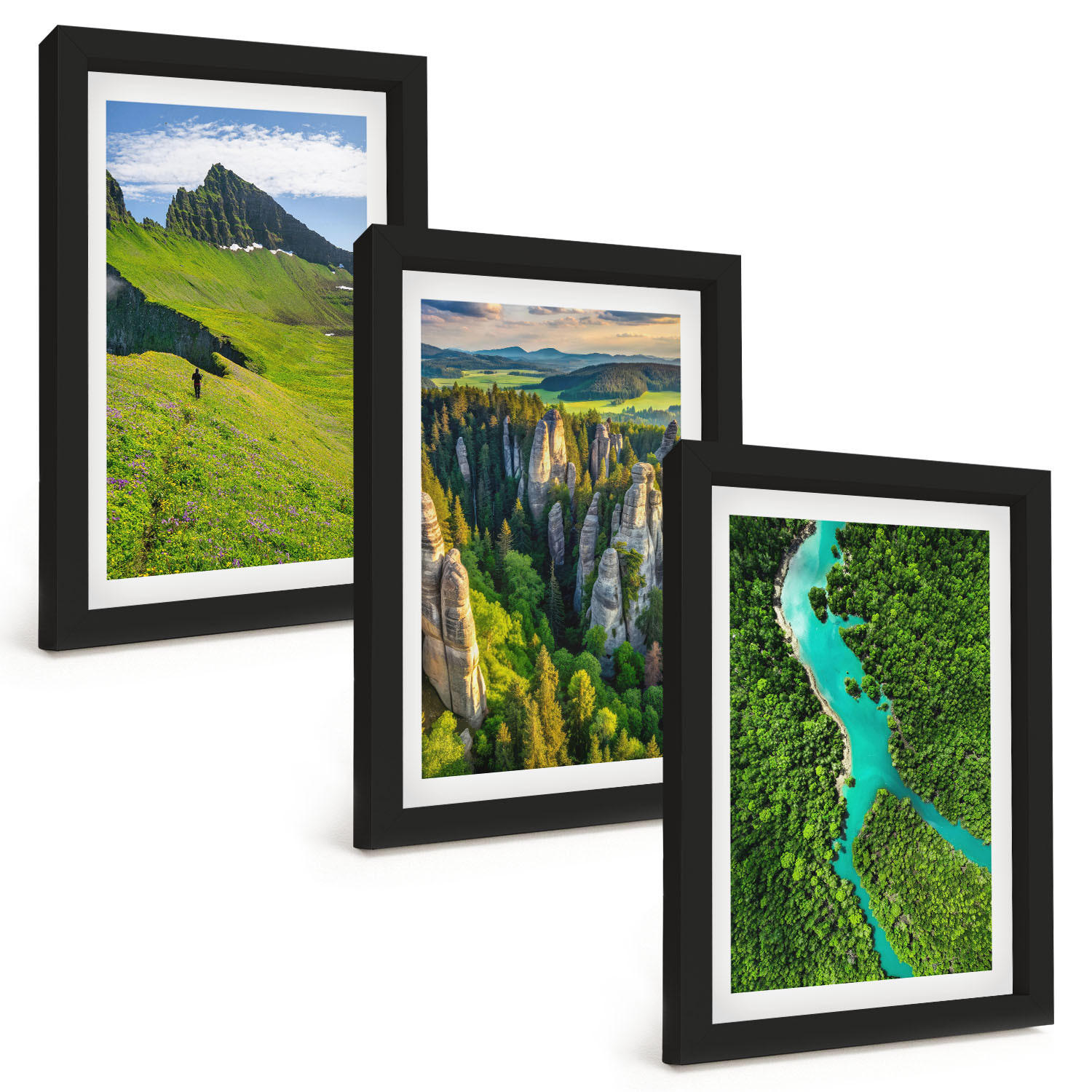 BILDER SET 3er Set - 20x30 cm Schwarzer Rahmen - Grüne Berge, Flussfelsen - Schwarz, Kunststoff (20/30cm) - TULUP