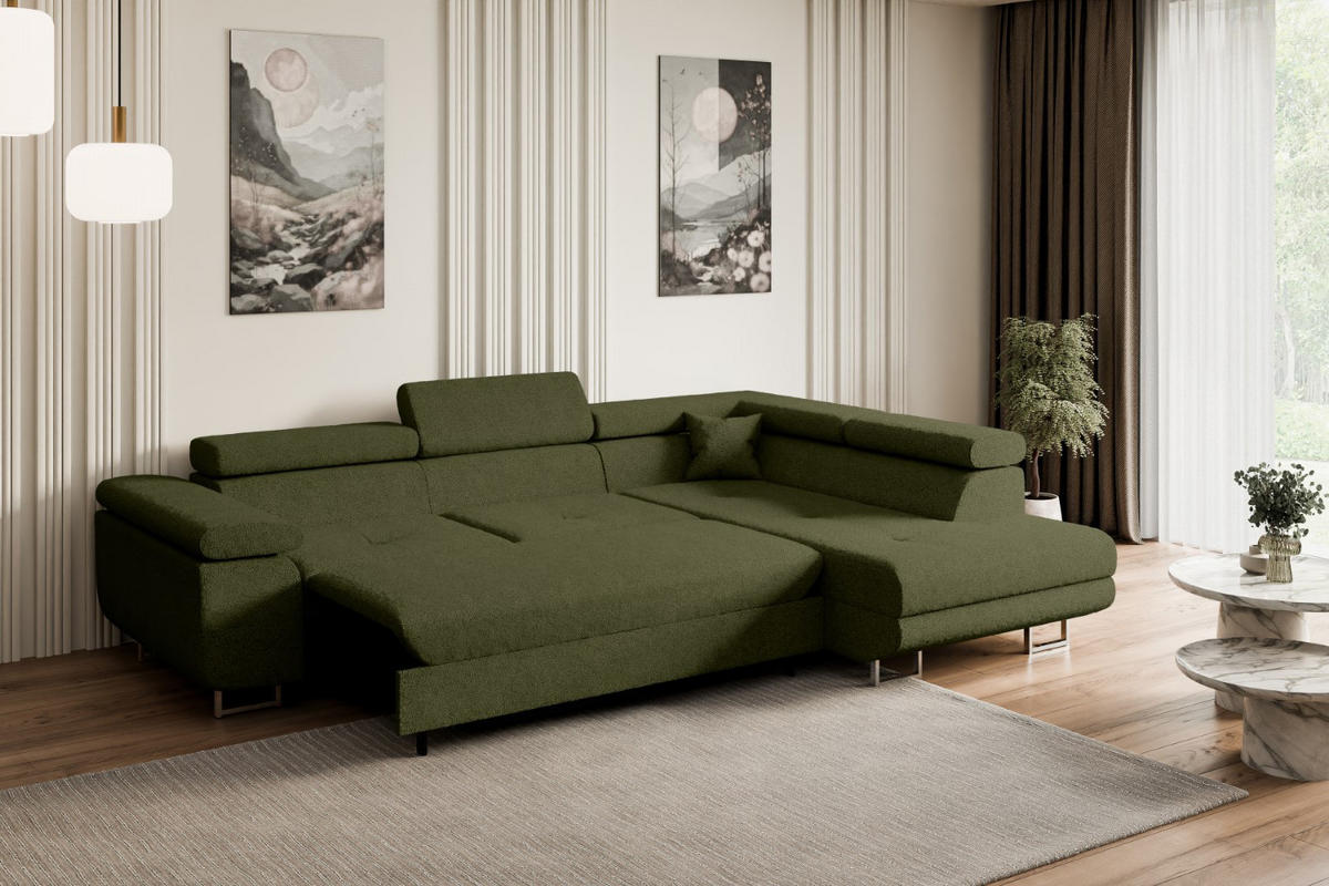 ECKSOFA mit Schlaffunktion und Bettkasten GUSA-L 272x202x107 cm Grün Bouclé - Silberfarben/Grün, Holzwerkstoff/Textil (272/202cm) - ALTDECOR