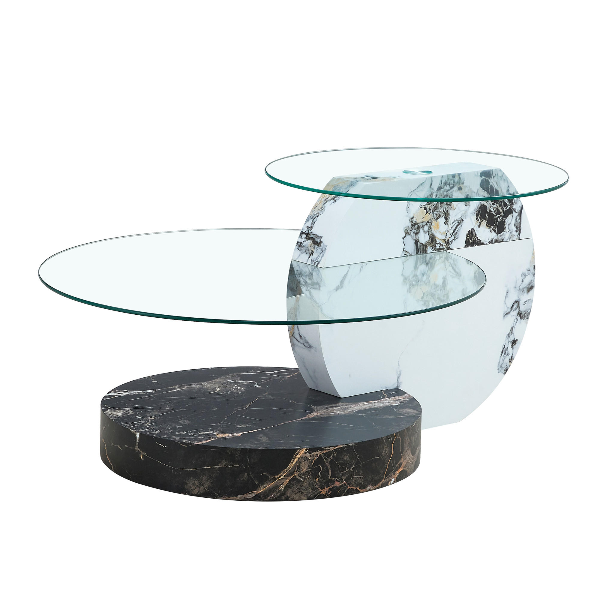 COUCHTISCH DE-37349 rund mit zweistufigem Glas und Marmoroptik Schwarz/Weiß - Multicolor, Holzwerkstoff (90/70/44cm) - ComfortXL