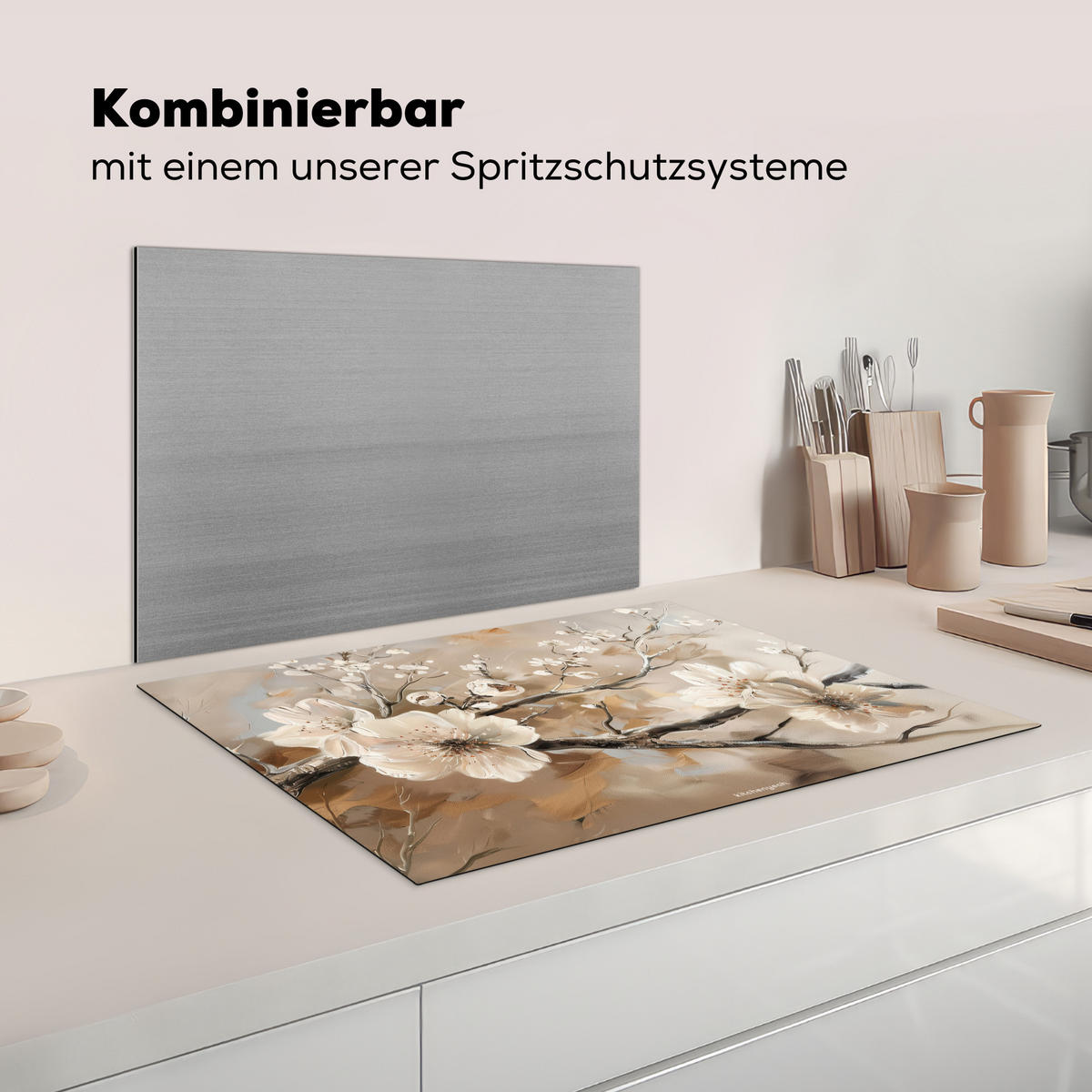 KRYT NA INDUKČNÍ DESKU Květiny - abstraktní - malované - béžové 75x52 cm - béžová, plast (75/52/0.2cm) - MuchoWow