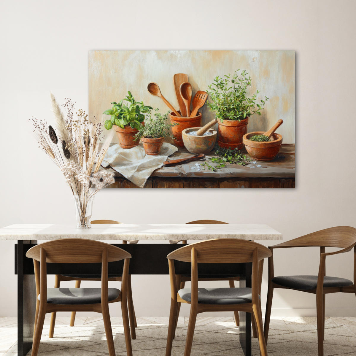 LEINWANDBILD Töpfe - Kräuter - Holz Wohnzimmer 120x80 cm - Terracotta, Textil (120/80cm) - MuchoWow