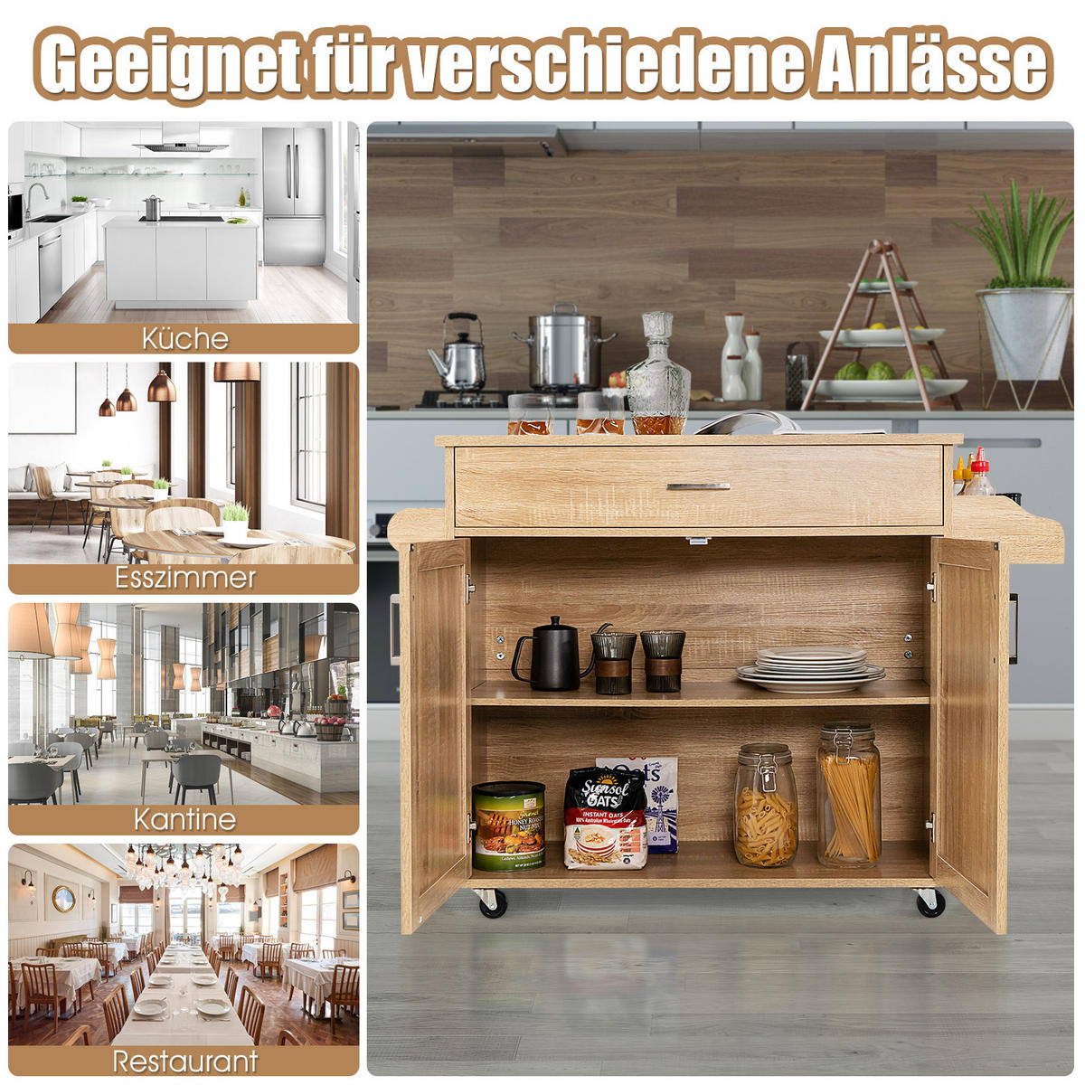 KÜCHENWAGEN Holz Natur - Weiß, Holz (40/85/116cm) - COSTWAY