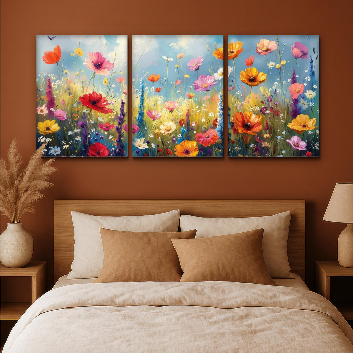 LEINWANDBILD 3er Set Blumen - Frühling - Farbenfroh - Sommerlich 180x80 cm - Orange, Textil (180/80cm) - MuchoWow