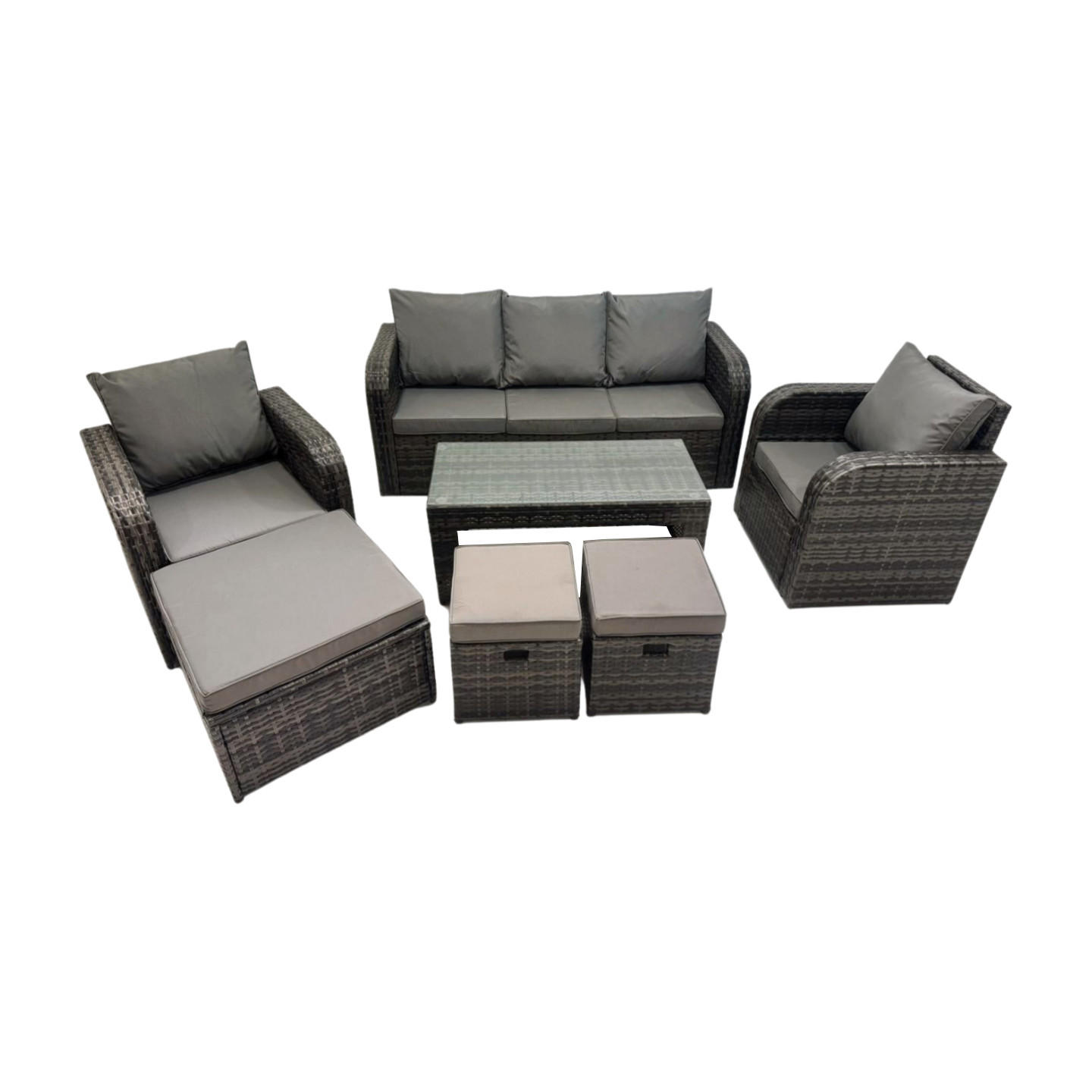 GARTENSOFA SET mit LIEGESTUHL Polyrattan 8-Sitzer Dunkelgrau - Dunkelgrau/Grau, Glas/Kunststoff - Fimous