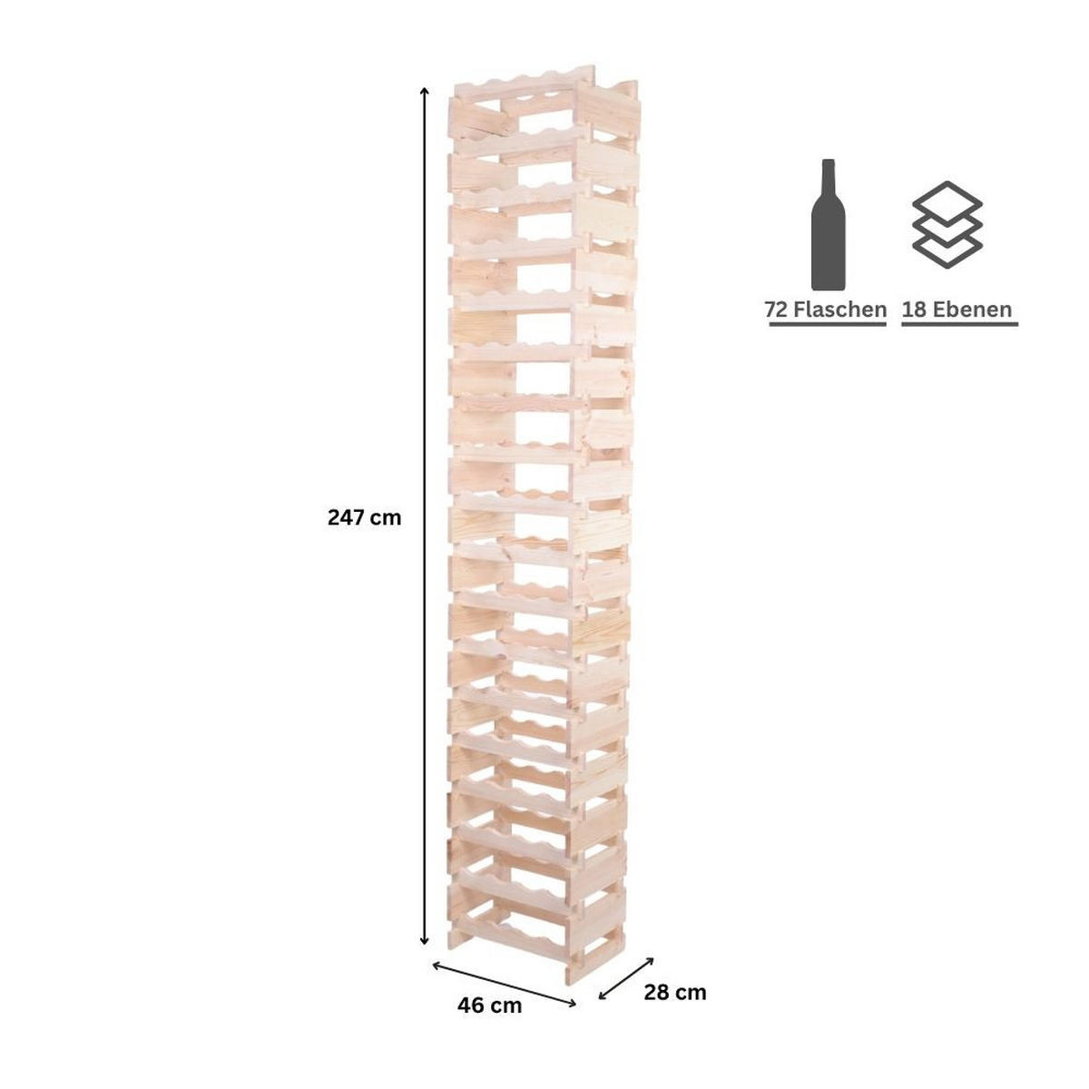 WEINREGAL VINOTECA FLEX PRO HxBxT 247x46x28cm 72 Flaschen auf 18 Ebenen Natur unbehandelt - Naturfarben, Holz (46/247/28cm) - PROREGAL