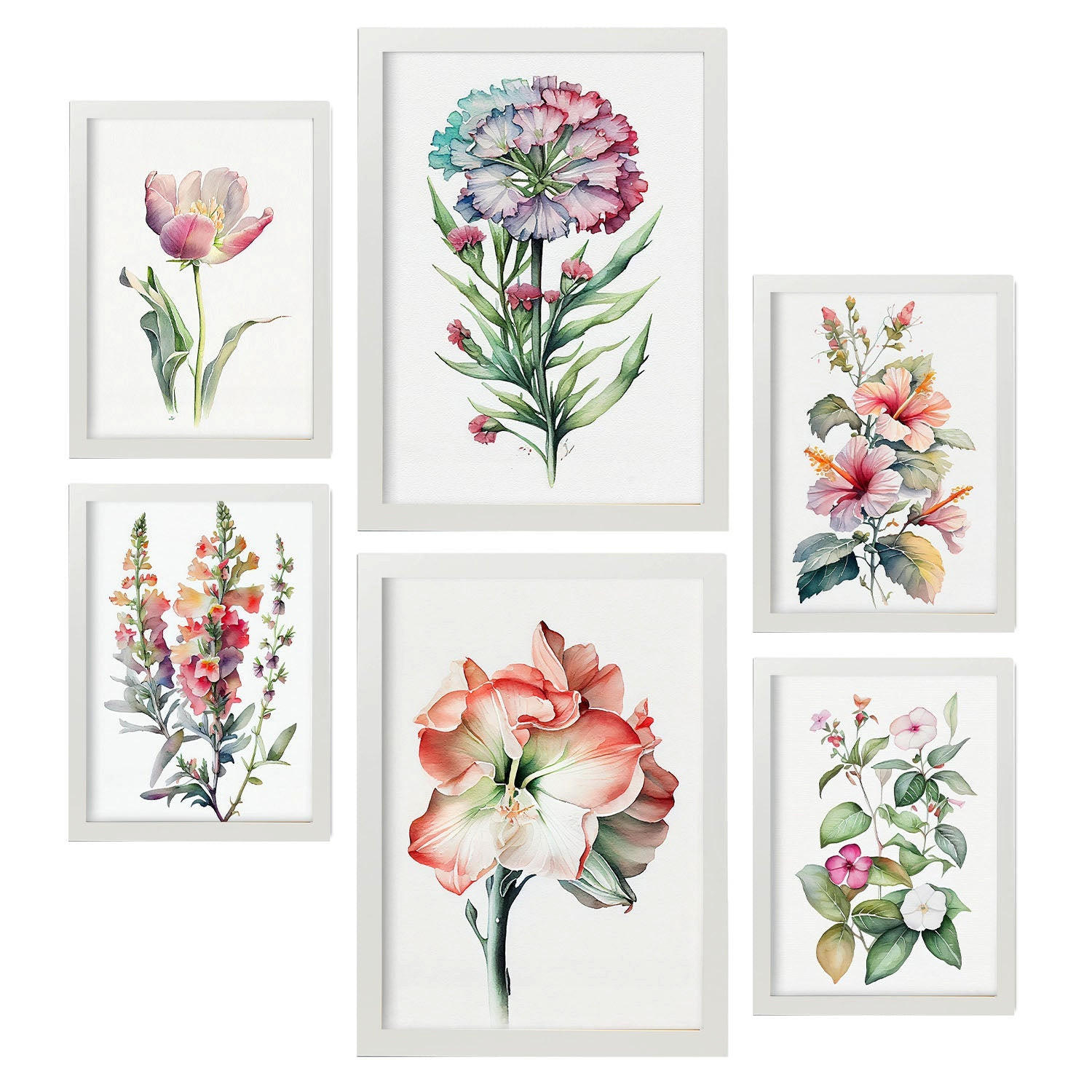 POSTER Set Mit 6 Hibiskus Vollfarbige Natur Und Botanikdrucke Mit Blumenmotiven Auf Reinweißen Hintergründen Innenarchitektur A3 & A4 Weißer Rahmen - Weiß, Papier (29/3cm) - Nacnic