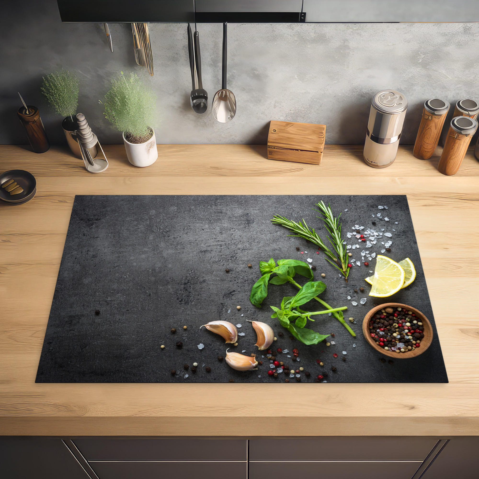 HERDABDECKPLATTE Limette - Kräuter - Gewürze - Grün - Grau - Beton 81x52 cm - Grün, Kunststoff (81/0.2/52cm) - MuchoWow