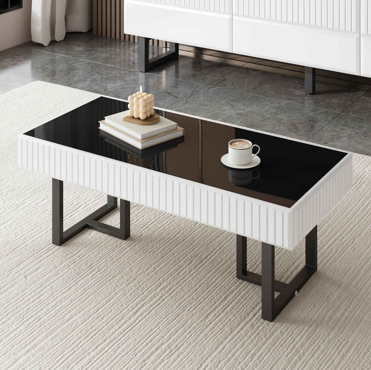 COUCHTISCH 110/50,5/41 cm in Schwarz-Weiß mit Hochglanzplatte und Metallgestell - Schwarz, Holzwerkstoff (110/50.5/41cm) - Flora Grace