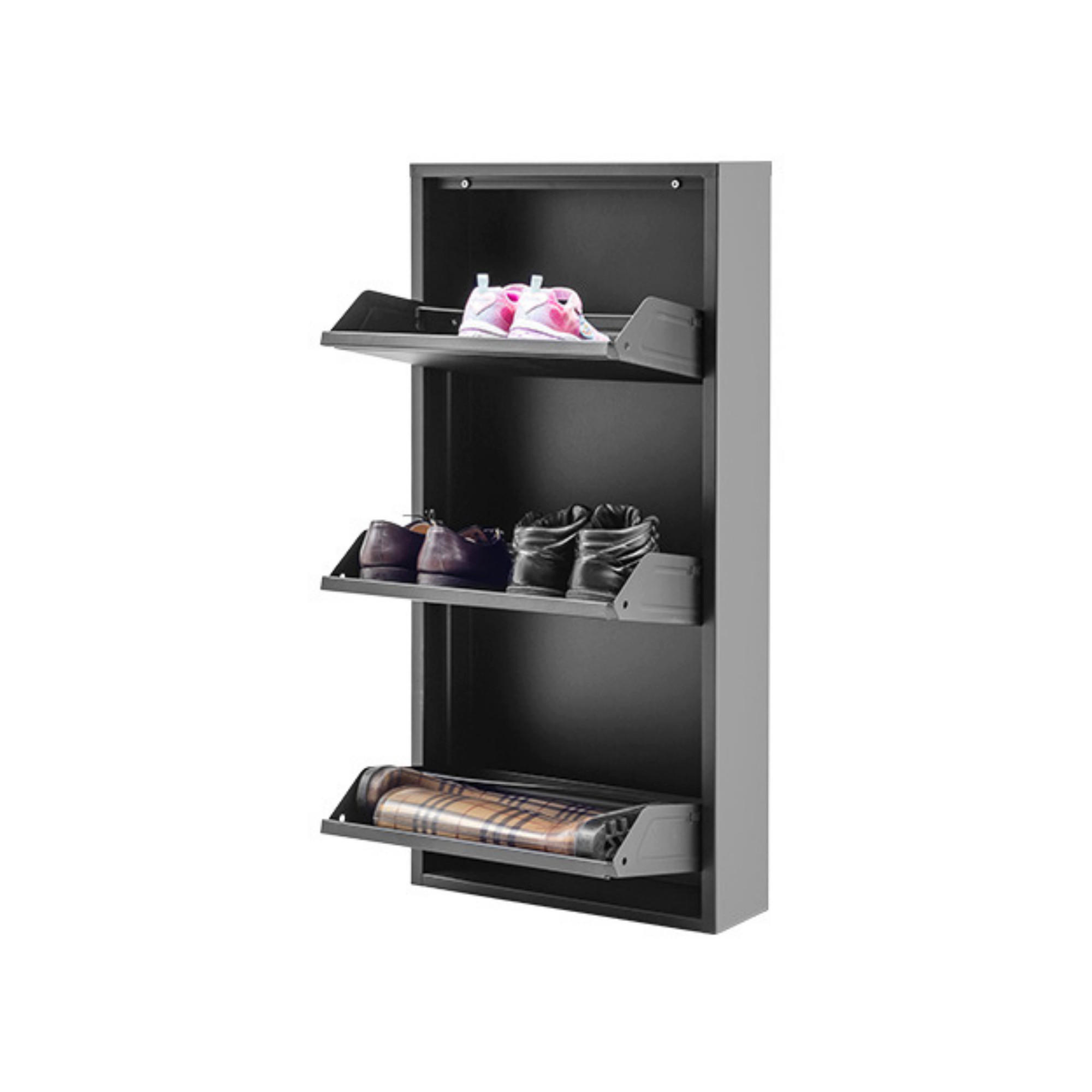 SCHUHSCHRANK schmal Metall mit Magnet 3 Klappen Schwarz - Schwarz, Metall (50/103/15cm) - Gowoll