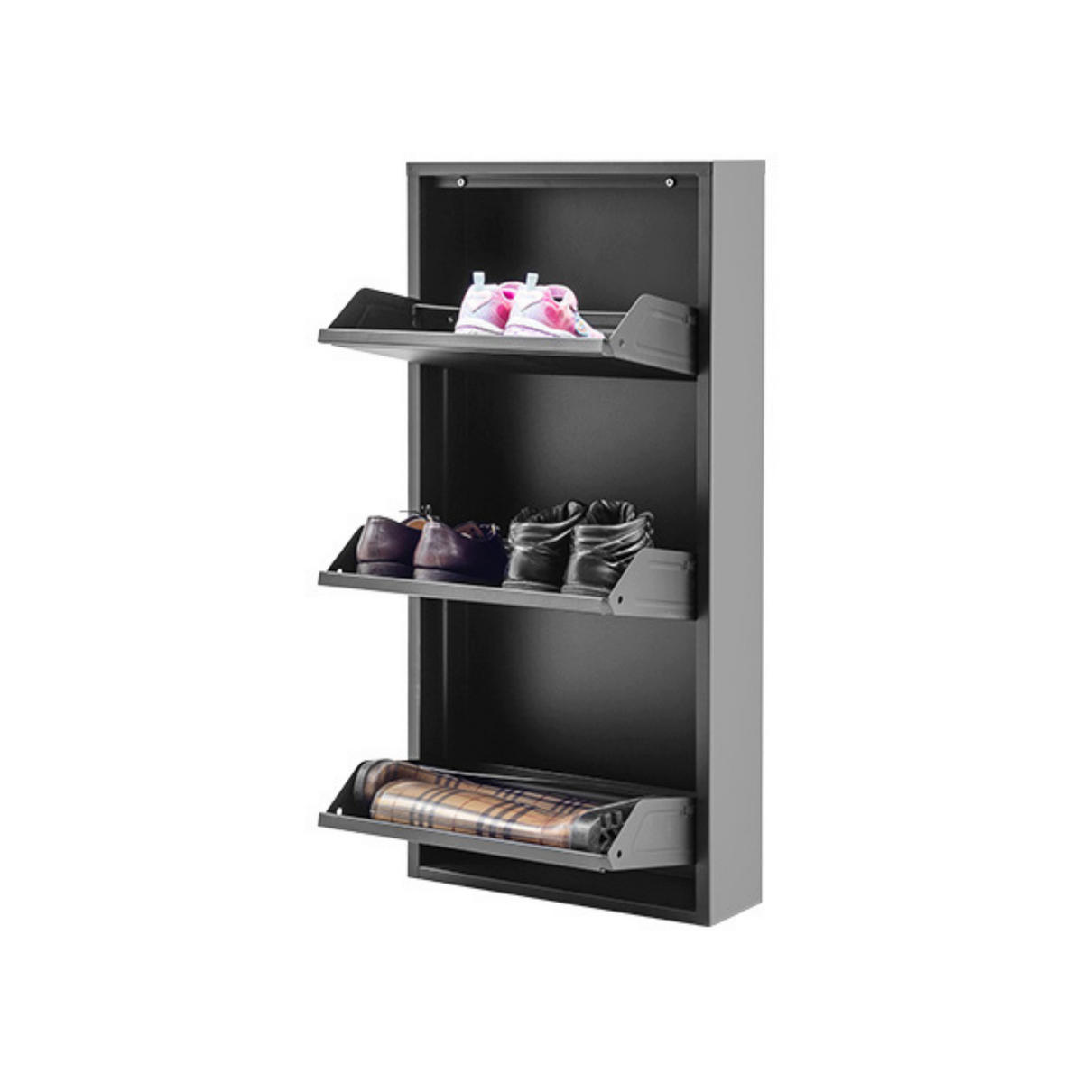 SCHUHSCHRANK schmal Metall mit Magnet 3 Klappen Schwarz - Schwarz, Metall (50/103/15cm) - Gowoll