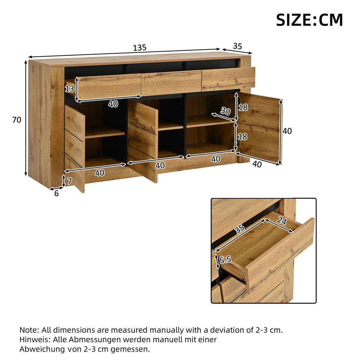 SIDEBOARD Wellenoptik 3 Schubladen 9 Fächer 135cm Naturholz - Naturfarben, Holzwerkstoff (135/70/35cm) - FLIEKS