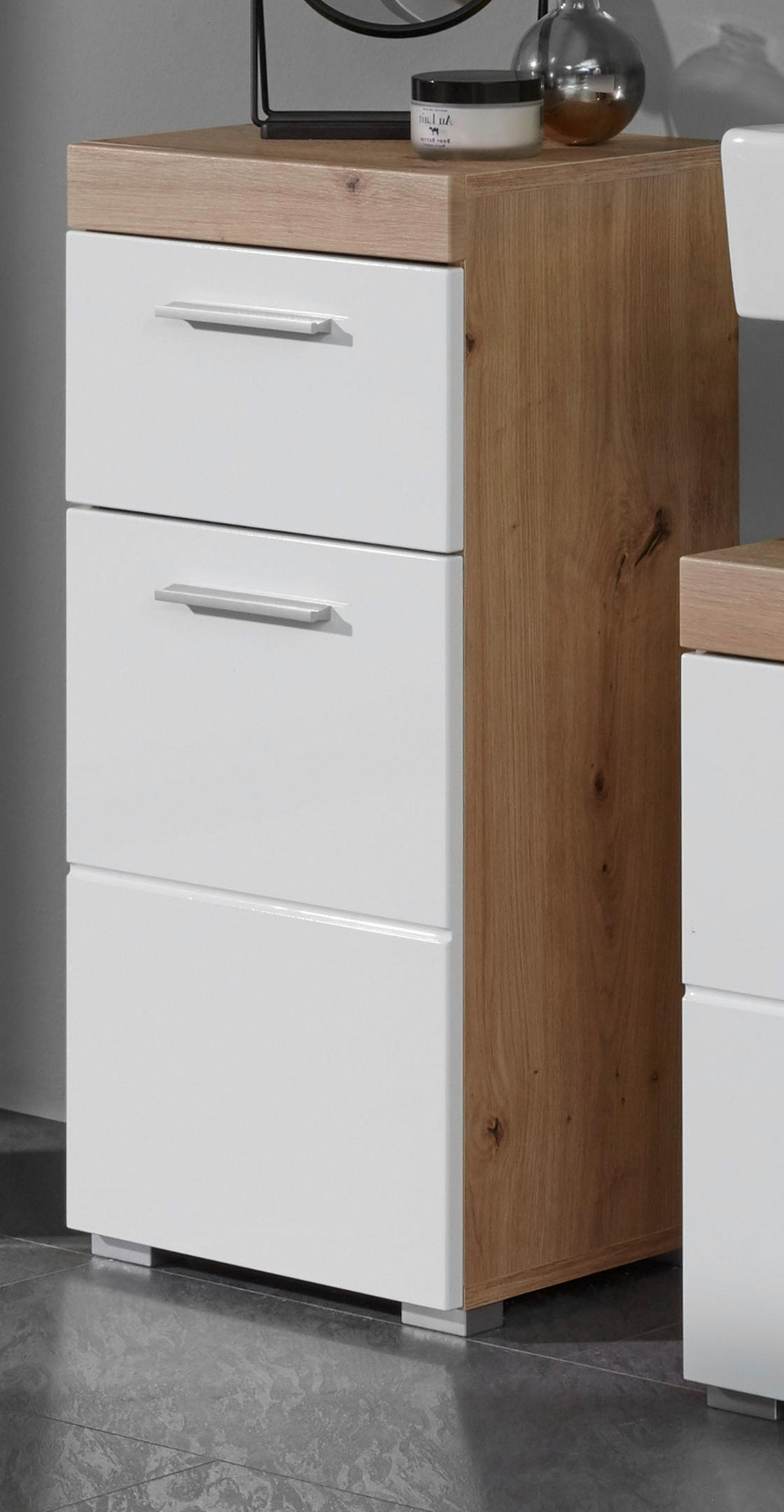 BADSCHRANK weiß Hochglanz, Asteiche 37 x 79 cm, Badezimmer Kommode modern - Eichefarben/Weiß, Holzwerkstoff/Kunststoff (37/79/31cm) - Top.Furn