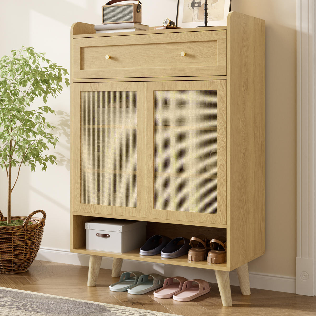 SCHUHSCHRANK in Holzoptik Schuhkipper mit 4 Regalböden, Schublade, für Flur, Eingangsbereich oder Wohnzimmer - Naturfarben, Holzwerkstoff (80/105/35cm) - STILVORA