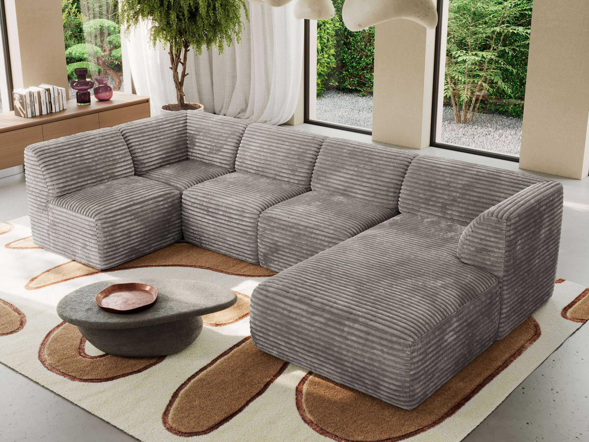 WOHNLANDSCHAFT MODARO U 5M - Hellbraun Cord - Rechts - Hellbraun/Schwarz, Textil (345/78/180cm) - MKS