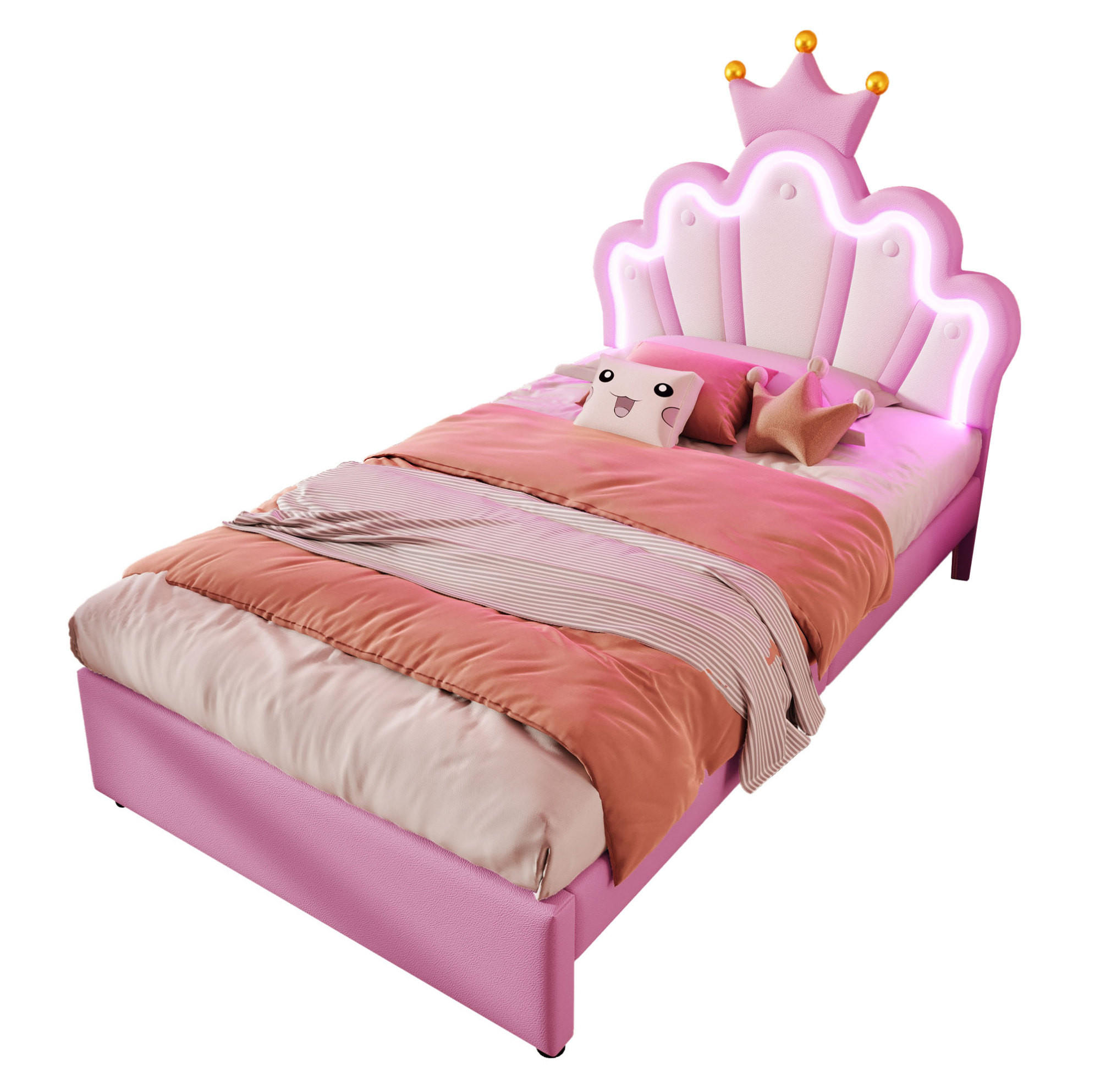 OKWISH ČALOUNĚNÁ postel 90/200 cm růžová z PU se 2 zásuvkami a LED osvětlením