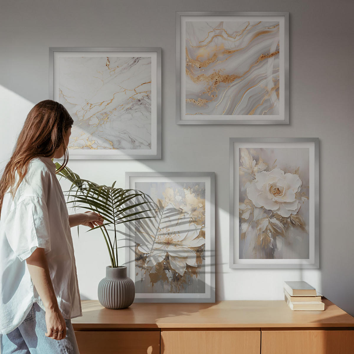 WANDBILDER 4er Set - 50x50 cm & 40x60 cm Silberner Rahmen - Blumen, heller Hintergrund, Marmormuster - Silberfarben, Kunststoff (50/50cm) - ArtPrintCave