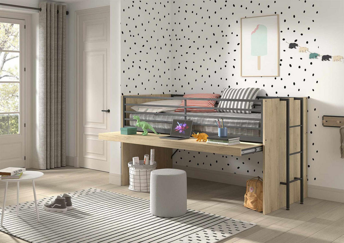 HALBHOCHBETT 90x200 Keelia Eiche mit Schreibtisch Stauraum Set - Eichefarben, Kunststoff - 58aufmkessel