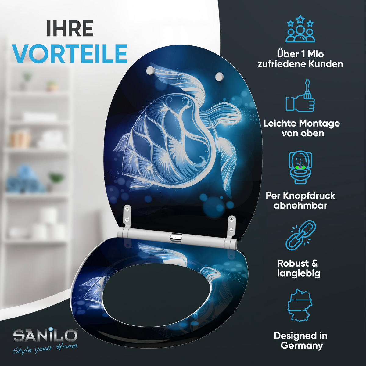 WC-SITZ mit Absenkautomatik & Top Fix Glow Turtle - Blau, Holzwerkstoff (37.7/5.5/48cm) - Sanilo