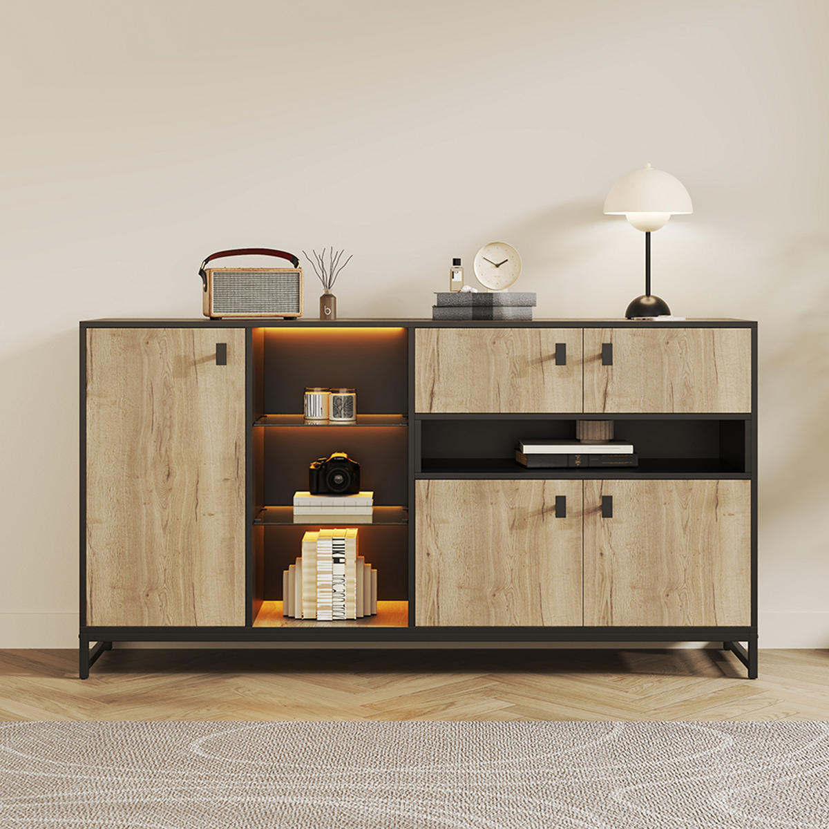 SIDEBOARD in Naturfarbe Anrichte mit Doppeltüren und Glasböden für Wohnzimmer, Esszimmer und Büro, B160/T40/H84.5 cm - Schwarz/Naturfarben, Glas/Holzwerkstoff (160/84.5/40cm) - STILVORA